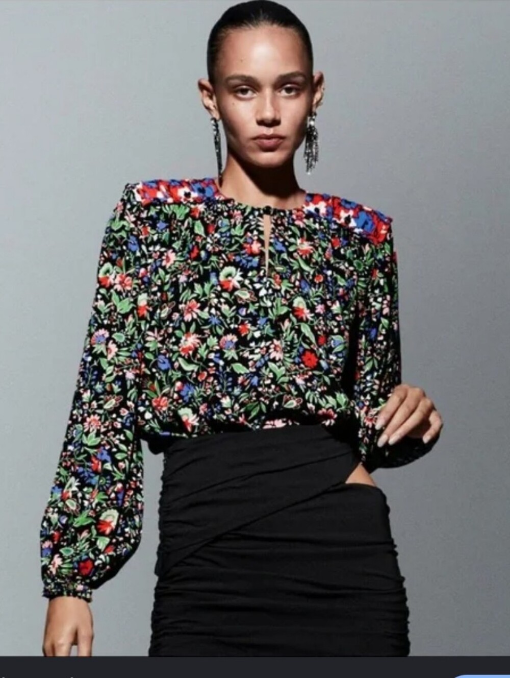 Zara Blouse Size L Patchwork Green Pink Floral V Neck Padded Shoulders Boho